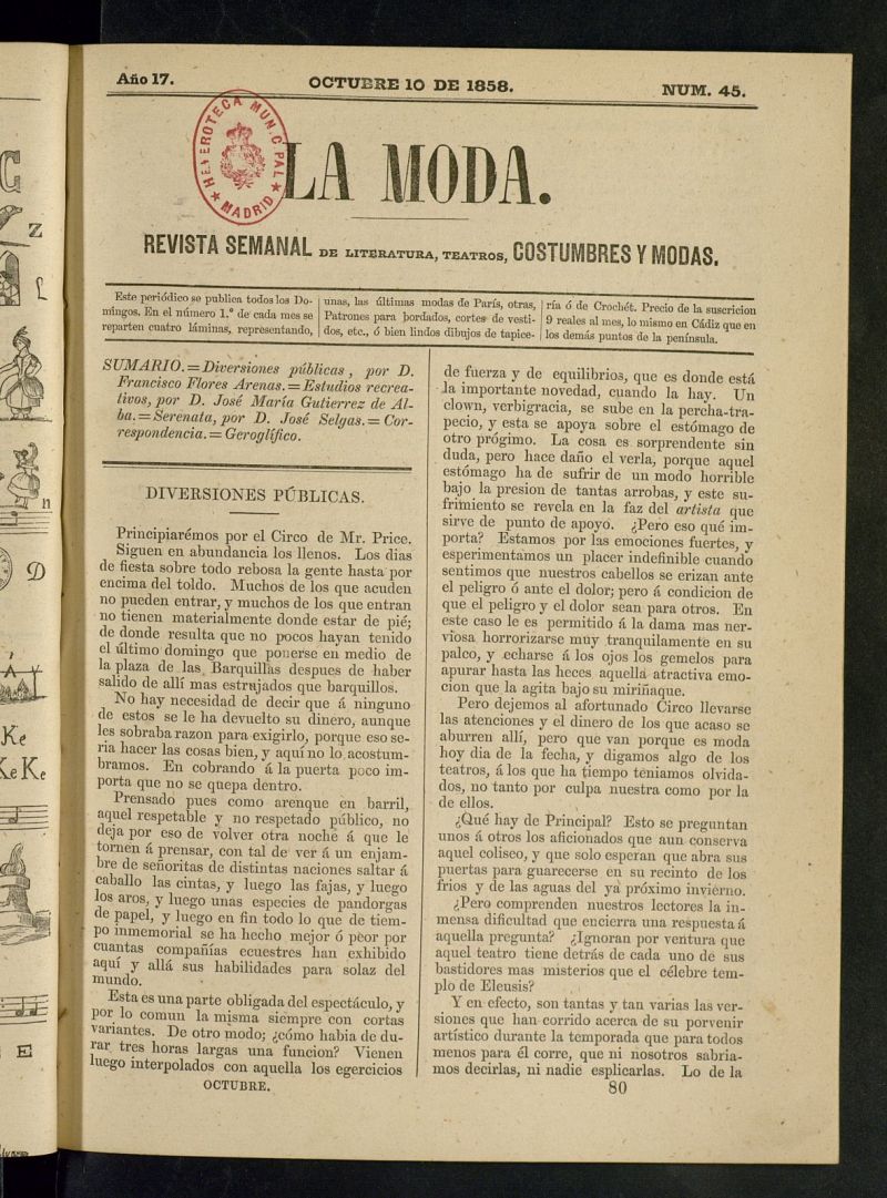 La Moda: revista semanal de literatura, teatros, costumbres y modas del 10 de octubre de 1858