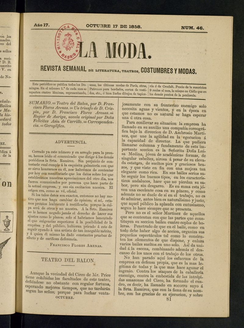 La Moda: revista semanal de literatura, teatros, costumbres y modas del 17 de octubre de 1858