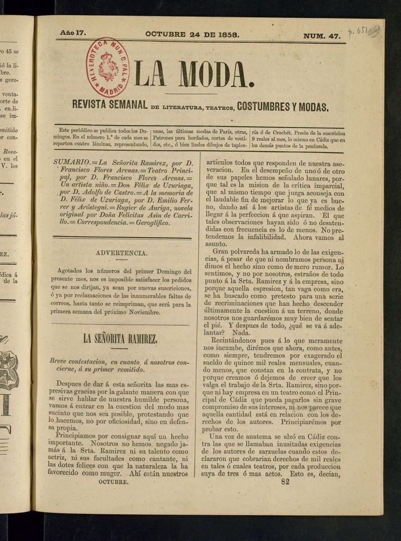 La Moda: revista semanal de literatura, teatros, costumbres y modas del 24 de octubre de 1858