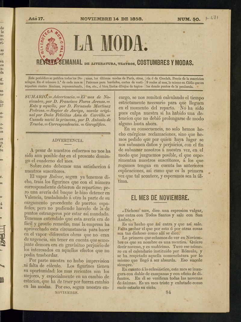 La Moda: revista semanal de literatura, teatros, costumbres y modas del 14 de noviembre de 1858