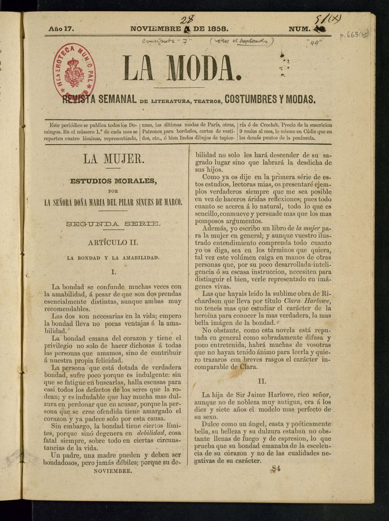 La Moda: revista semanal de literatura, teatros, costumbres y modas del 28 de noviembre de 1858