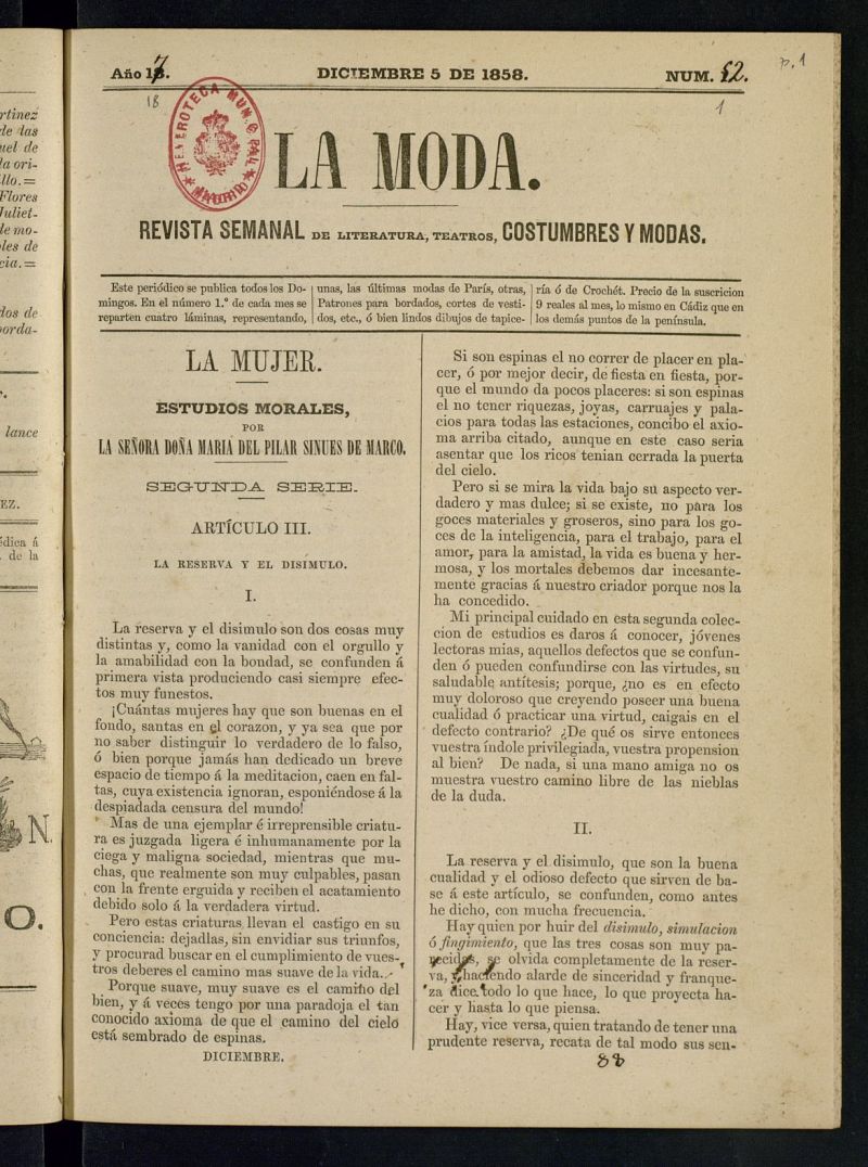 La Moda: revista semanal de literatura, teatros, costumbres y modas del 5 de diciembre de 1858
