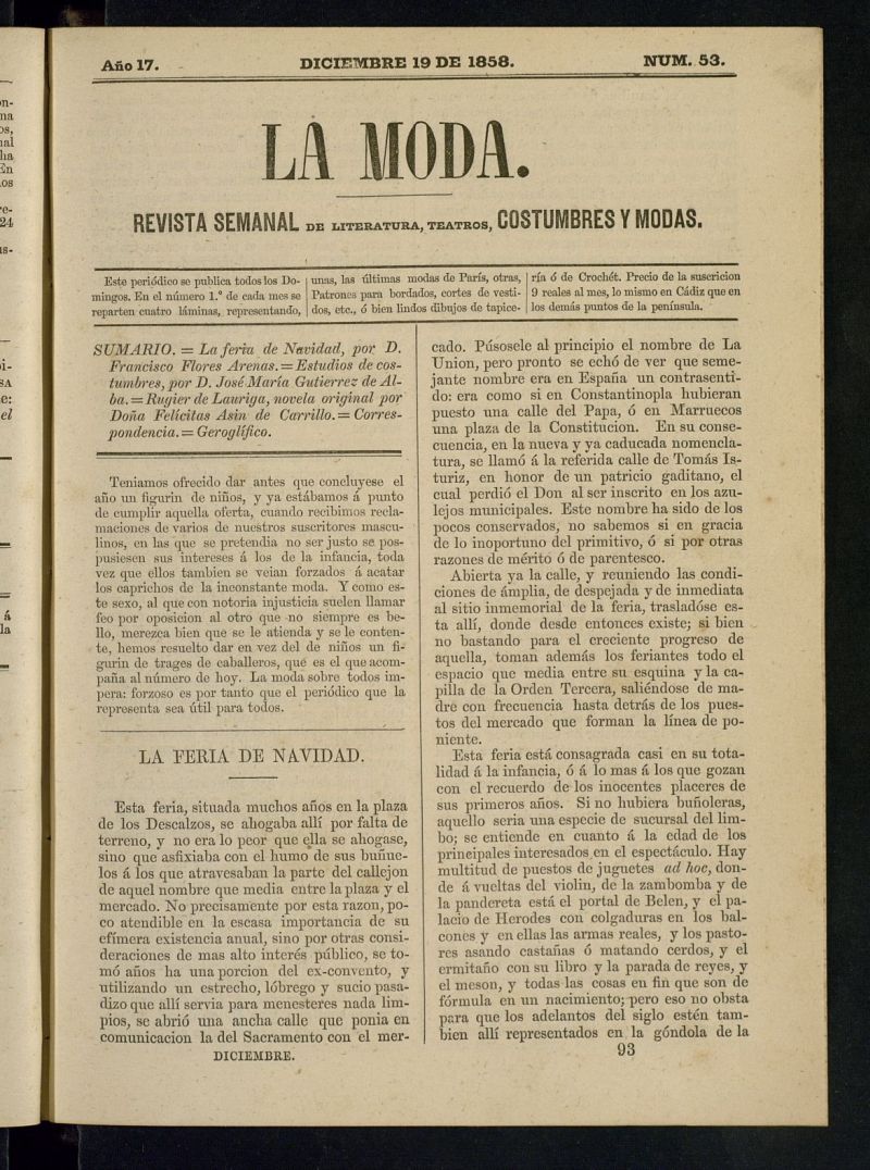 La Moda: revista semanal de literatura, teatros, costumbres y modas del 19 de diciembre de 1858