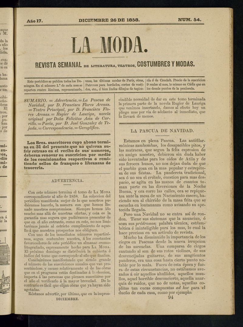 La Moda: revista semanal de literatura, teatros, costumbres y modas del 26 de diciembre de 1858