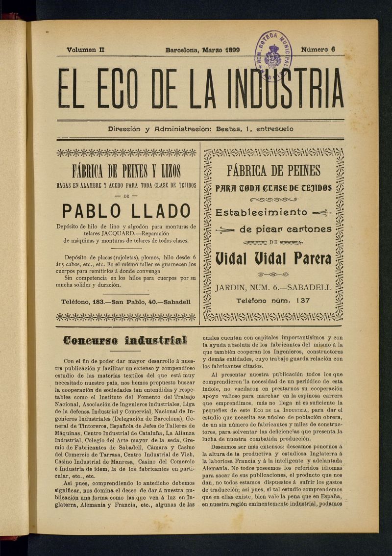 El Eco de la Industria de marzo de 1899