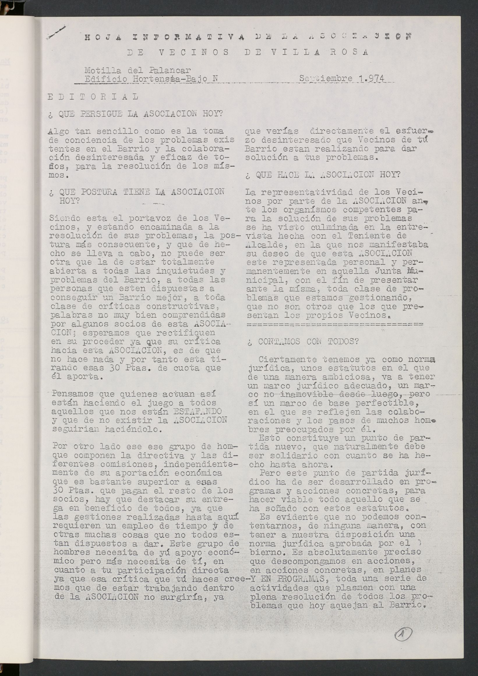 Hoja Informativa de la Asociacin de vecinos de Villa-Rosa (septiembre, 1974)