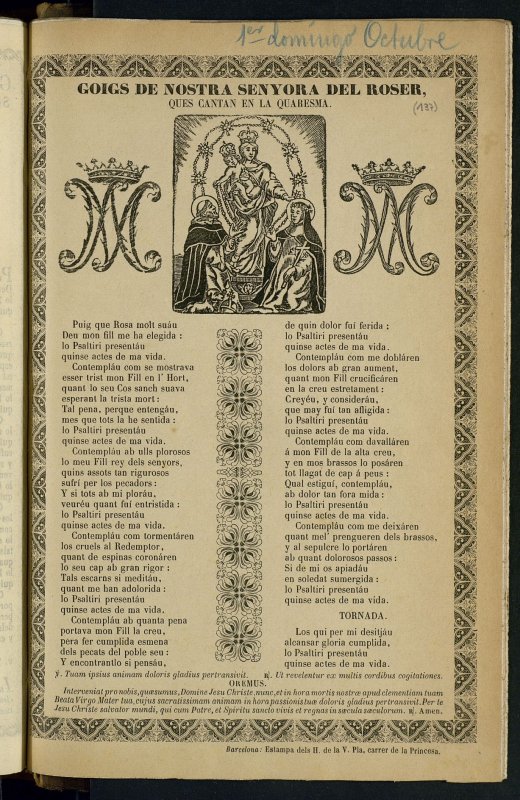 Goigs de Nostra Senyora del Roser : ques cantan en la Quaresma