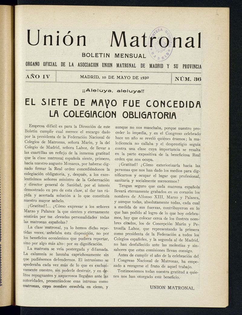 Unin Matronal : boletn mensual : rgano oficial de la Asociacin Matronal de Madrid y su provincia