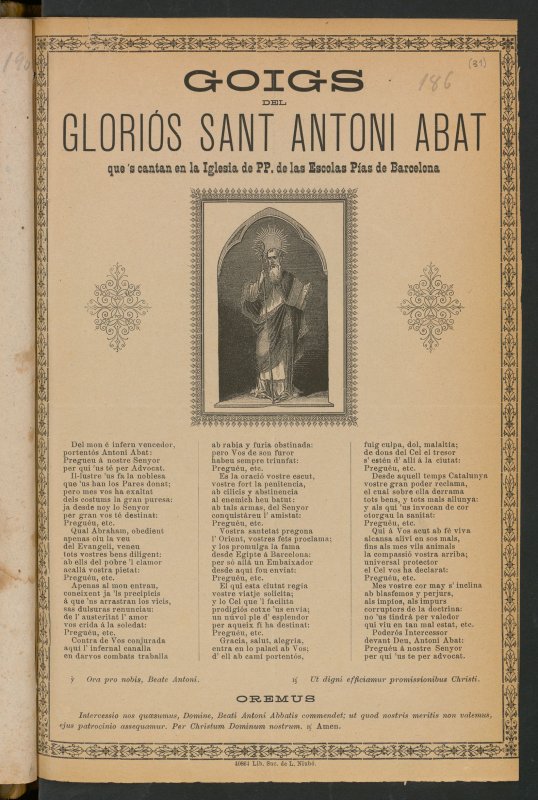 Goigs del glorios San Antoni Abat : que 's cantan en la Iglesia de PP de las Escolas Pias de Barcelona