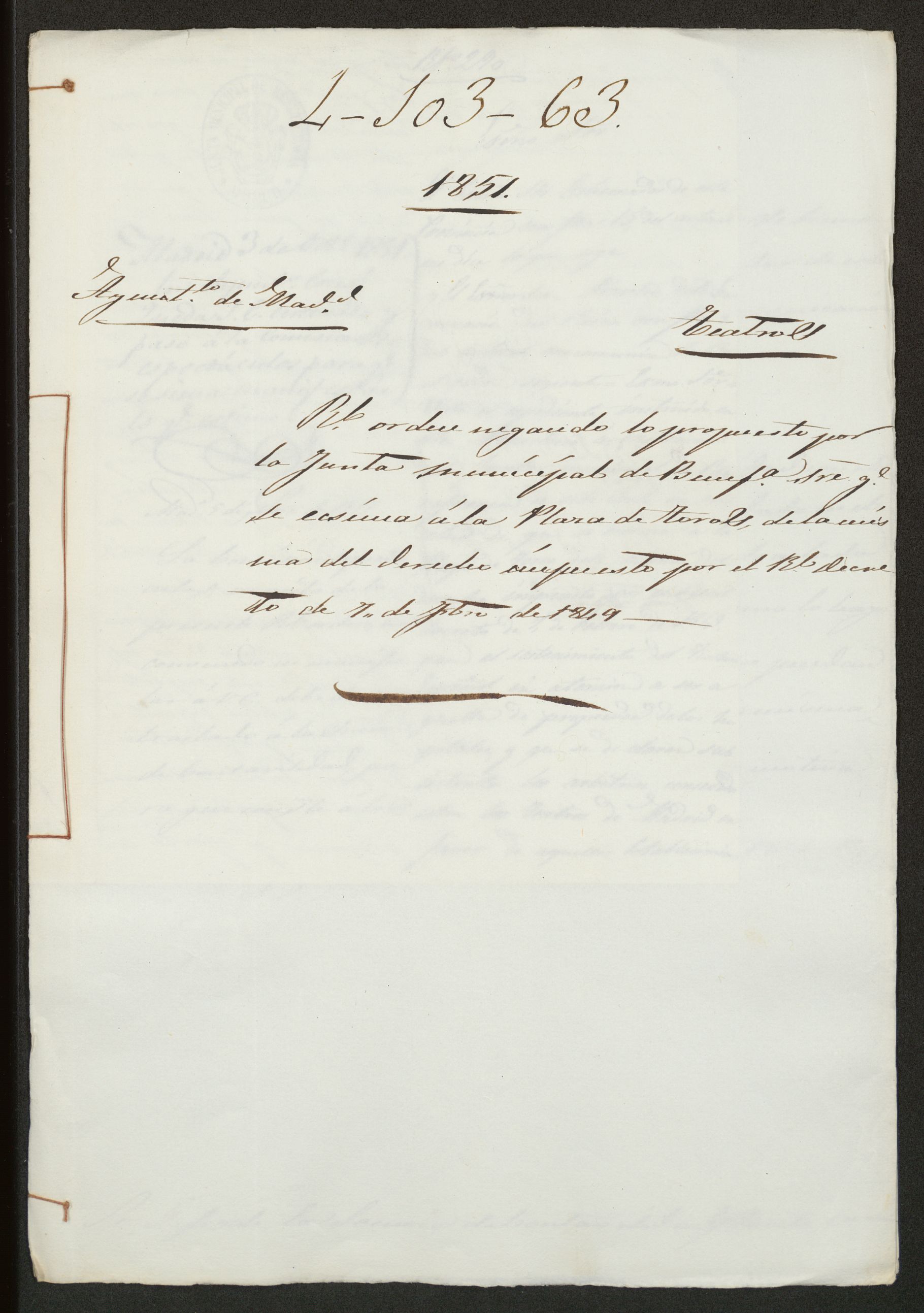 Orden negando lo propuesto por la Junta municipal de Beneficencia sobre que se exima a la Plaza de Toros de la misma del derecho impuesto por el Real decreto de 10 de febrero de 1849.