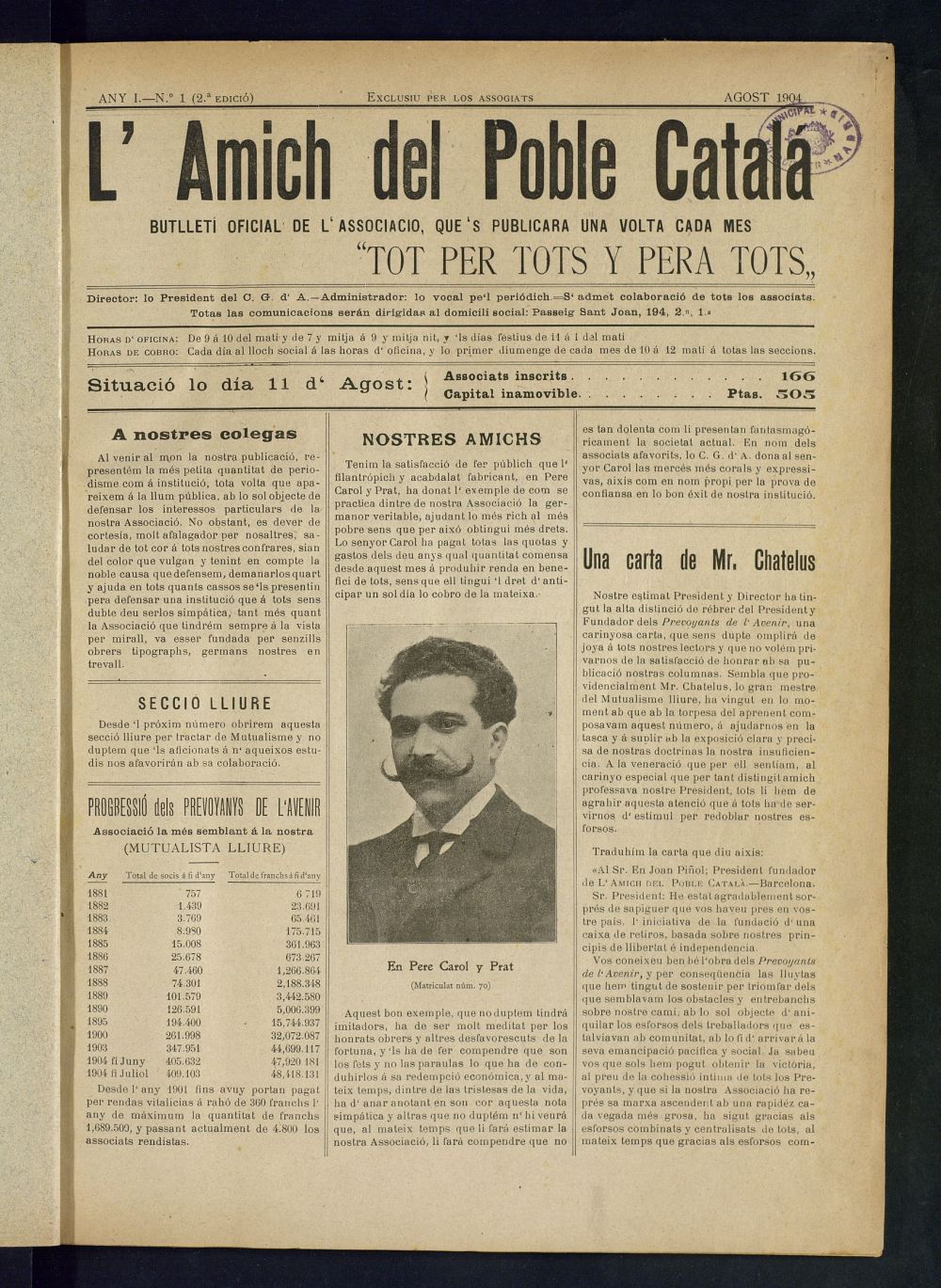 Lamich del poble catal: butllet oficial de lassociacio, ques publicara una volta cada mes de agost de 1904