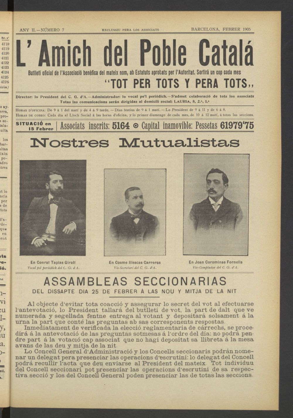 Lamich del poble catal: butllet oficial de lassociacio, ques publicara una volta cada mes de febrer de 1905