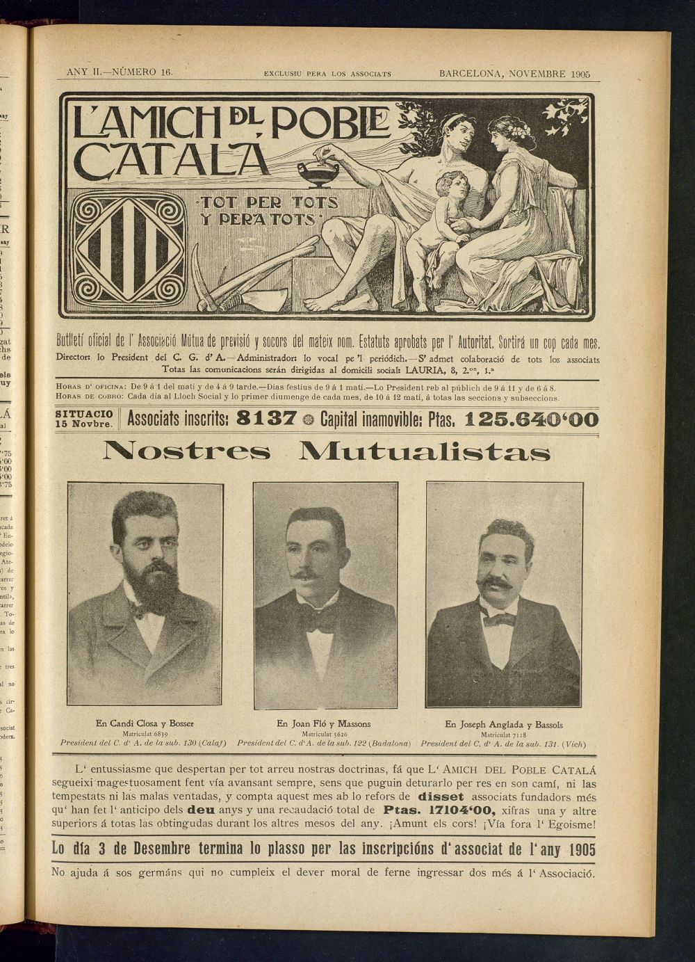 Lamich del poble catal: butllet oficial de lassociacio, ques publicara una volta cada mes de novembre de 1905