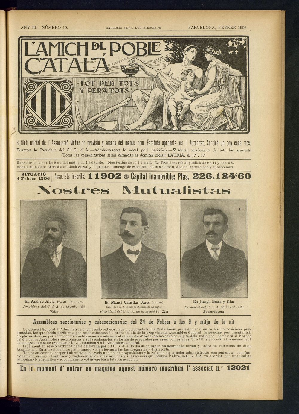 Lamich del poble catal: butllet oficial de lassociacio, ques publicara una volta cada mes de febrer de 1906