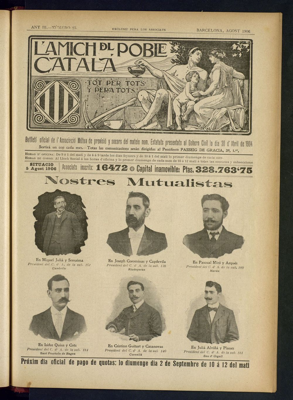 Lamich del poble catal: butllet oficial de lassociacio, ques publicara una volta cada mes de agost de 1906