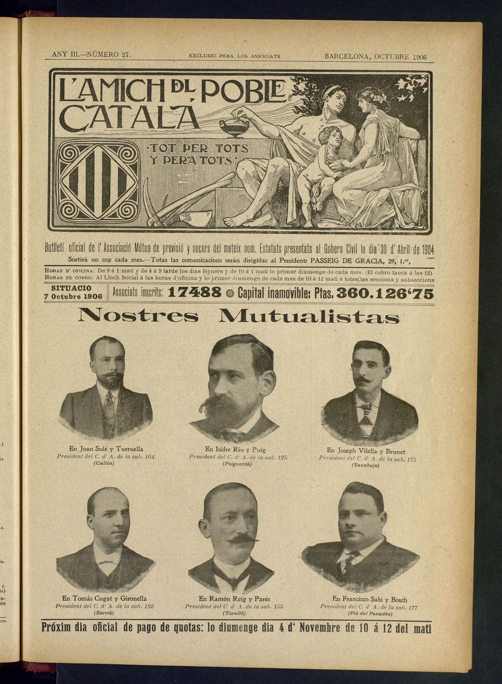 Lamich del poble catal: butllet oficial de lassociacio, ques publicara una volta cada mes de octubre de 1906