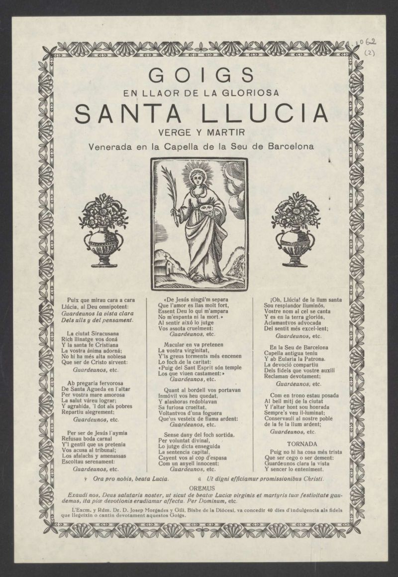 Goigs en llaor de la Gloriosa Santa Llucia verge y martir venerada en la Capella de la Seu de Barcelona