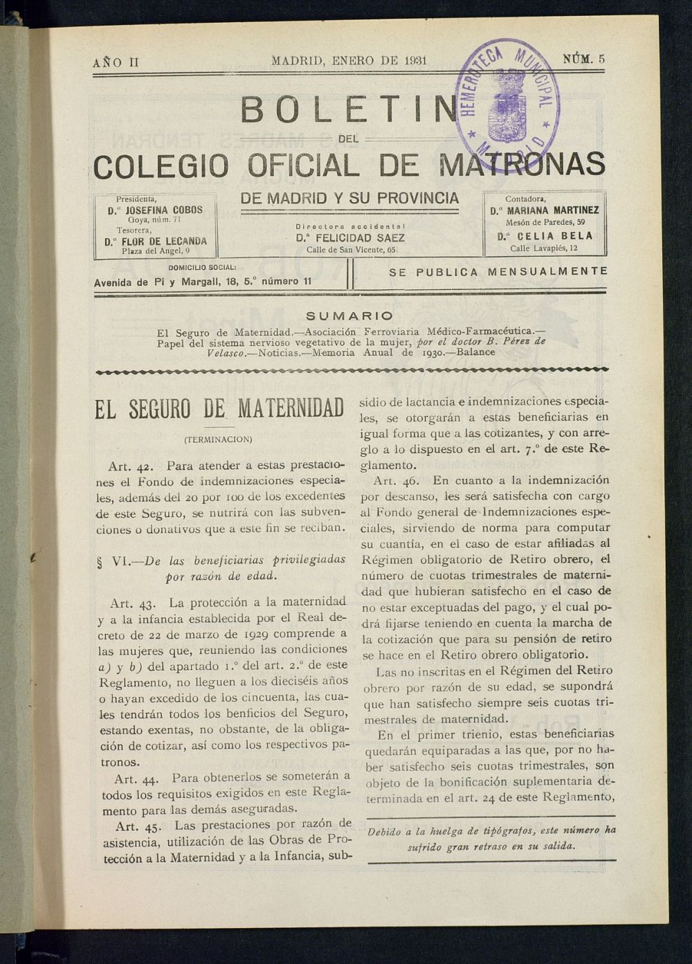 Boletn del Colegio Oficial de Matronas de Madrid y su Provincia de enero de 1931