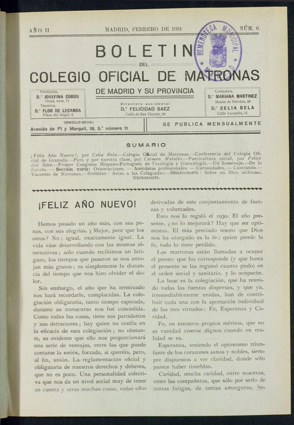 Boletn del Colegio Oficial de Matronas de Madrid y su Provincia de febrero de 1931