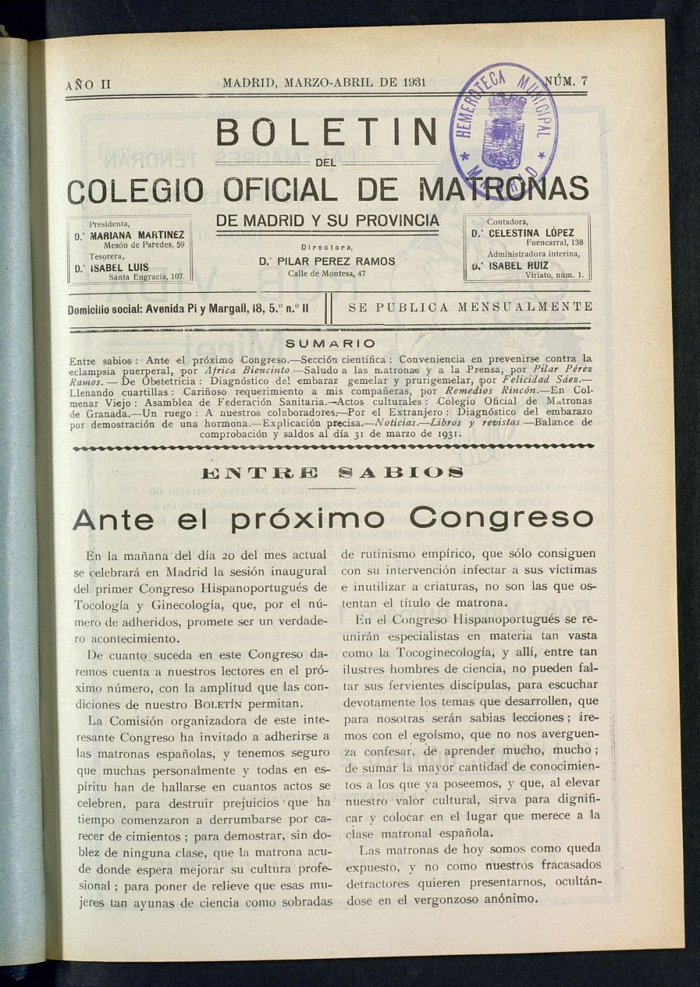 Boletn del Colegio Oficial de Matronas de Madrid y su Provincia de marzo-abril de 1931