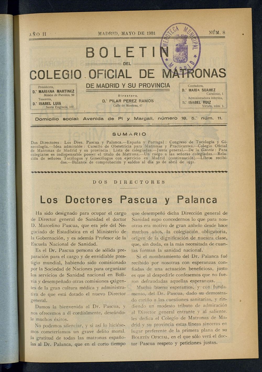 Boletn del Colegio Oficial de Matronas de Madrid y su Provincia de mayo de 1931