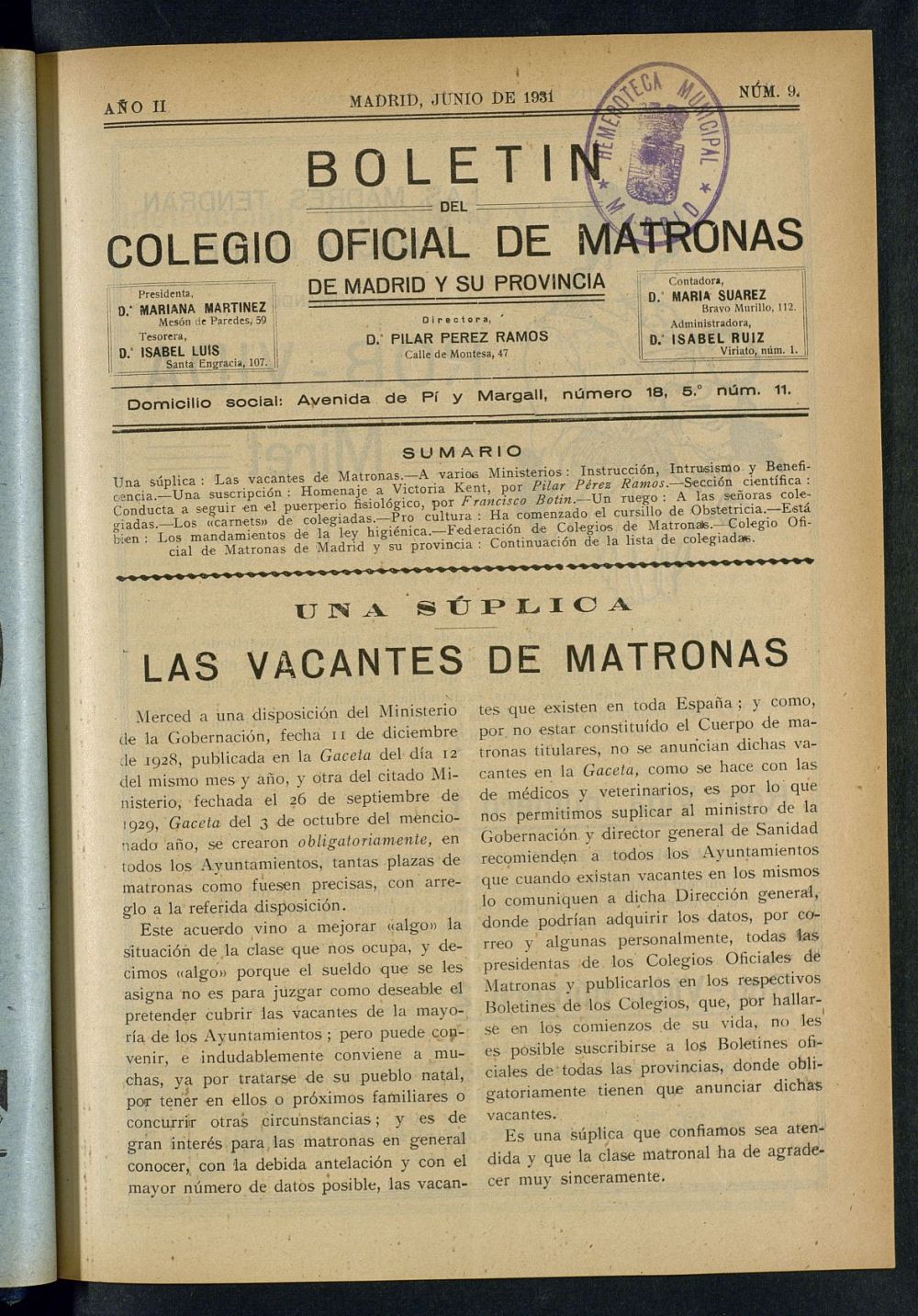 Boletn del Colegio Oficial de Matronas de Madrid y su Provincia de junio de 1931