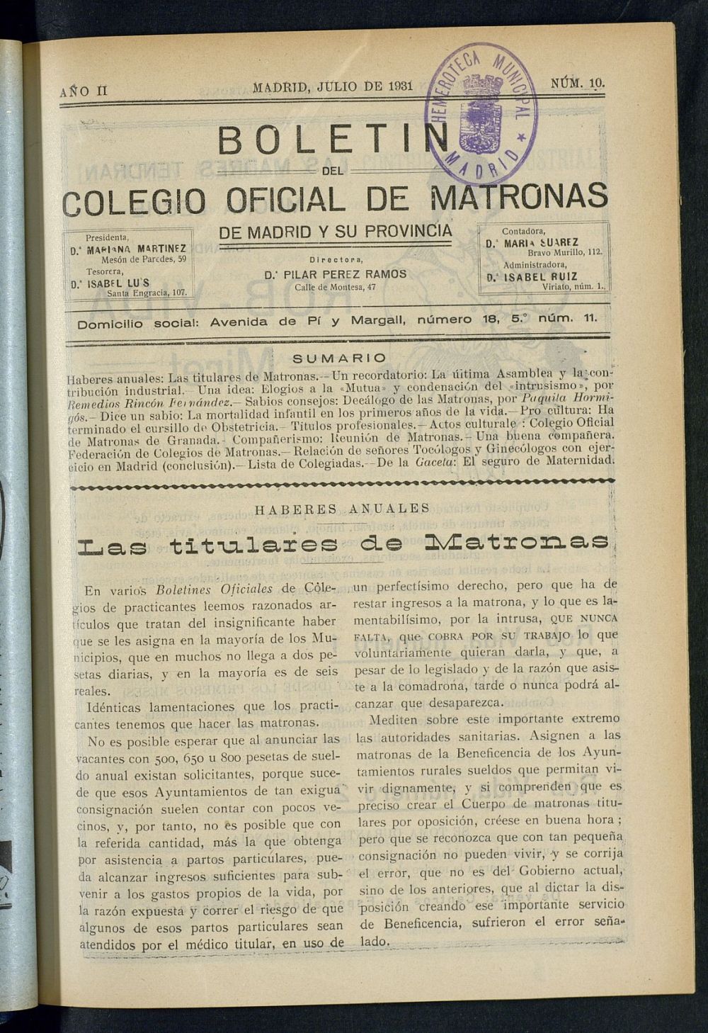 Boletn del Colegio Oficial de Matronas de Madrid y su Provincia de julio de 1931