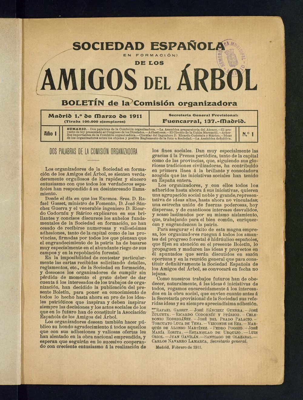 Boletn Comisin organizadora de la Sociedad Espaola de los amigos del rbol de marzo de 1911