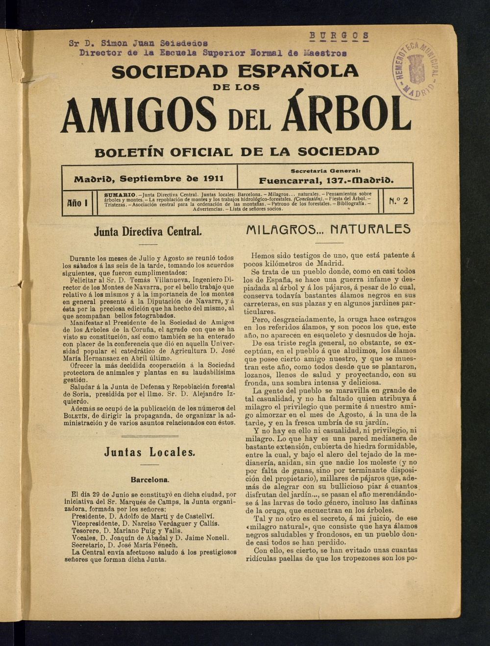 Boletn Comisin organizadora de la Sociedad Espaola de los amigos del rbol de septiembre de 1911