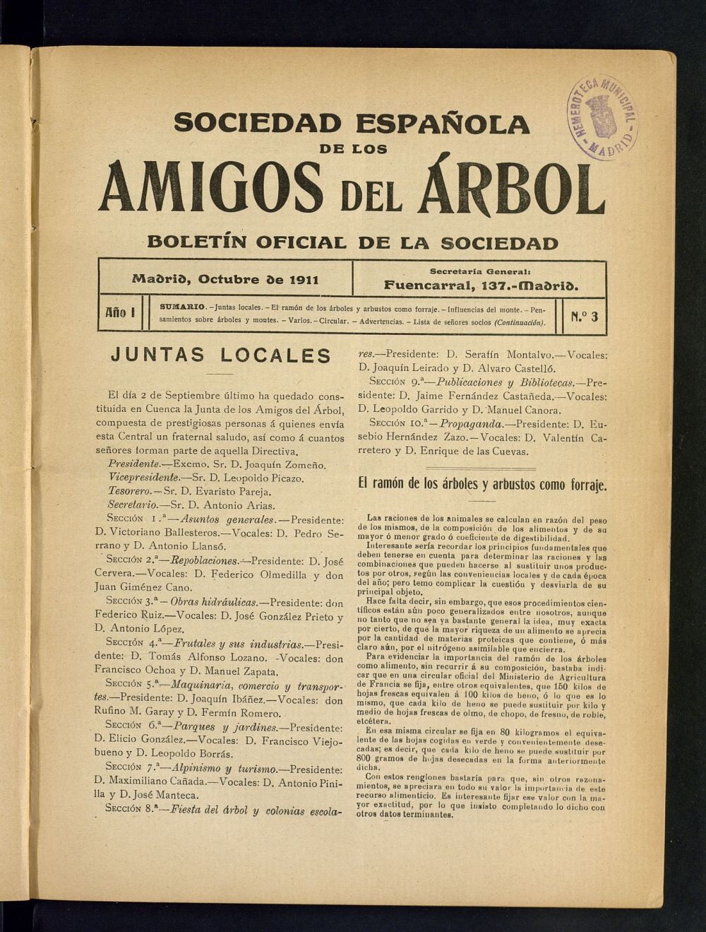 Boletn Comisin organizadora de la Sociedad Espaola de los amigos del rbol de octubre de 1911