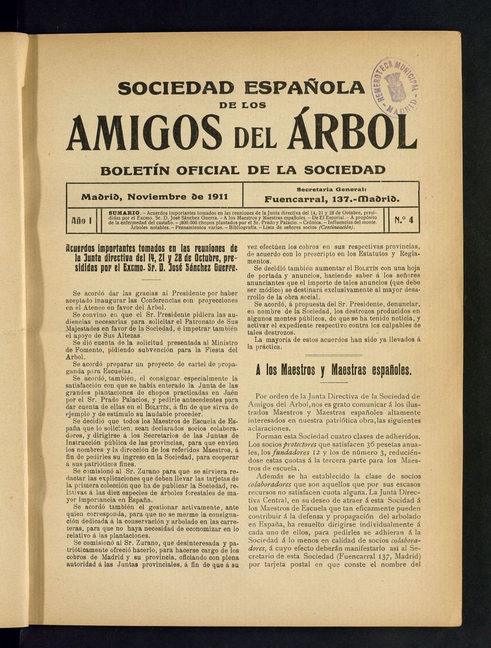 Boletn Comisin organizadora de la Sociedad Espaola de los amigos del rbol de noviembre de 1911