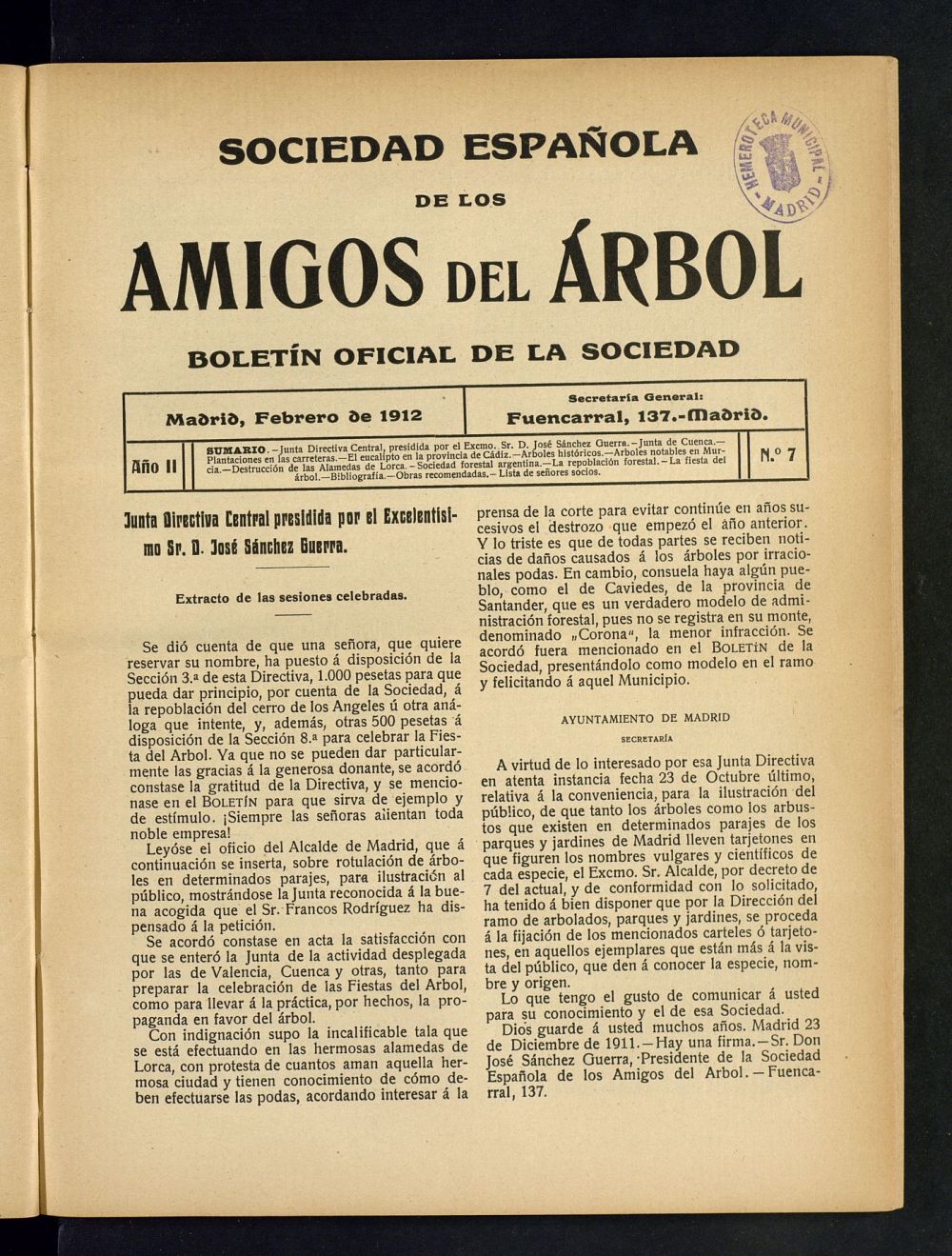 Boletn Comisin organizadora de la Sociedad Espaola de los amigos del rbol de febrero de 1912