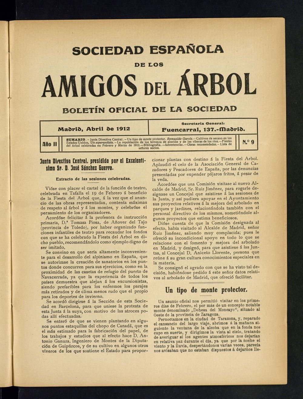 Boletn Comisin organizadora de la Sociedad Espaola de los amigos del rbol de abril de 1912