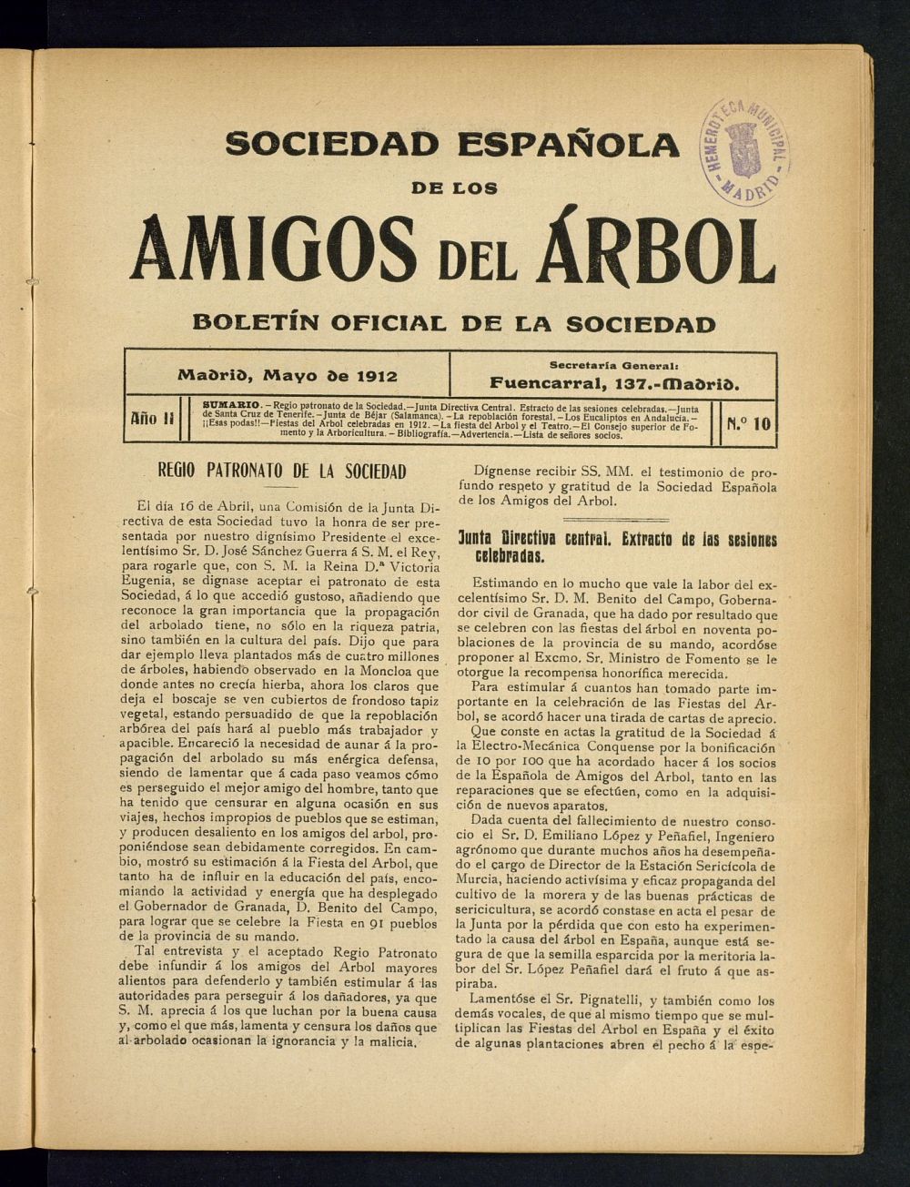 Boletn Comisin organizadora de la Sociedad Espaola de los amigos del rbol de mayo de 1912