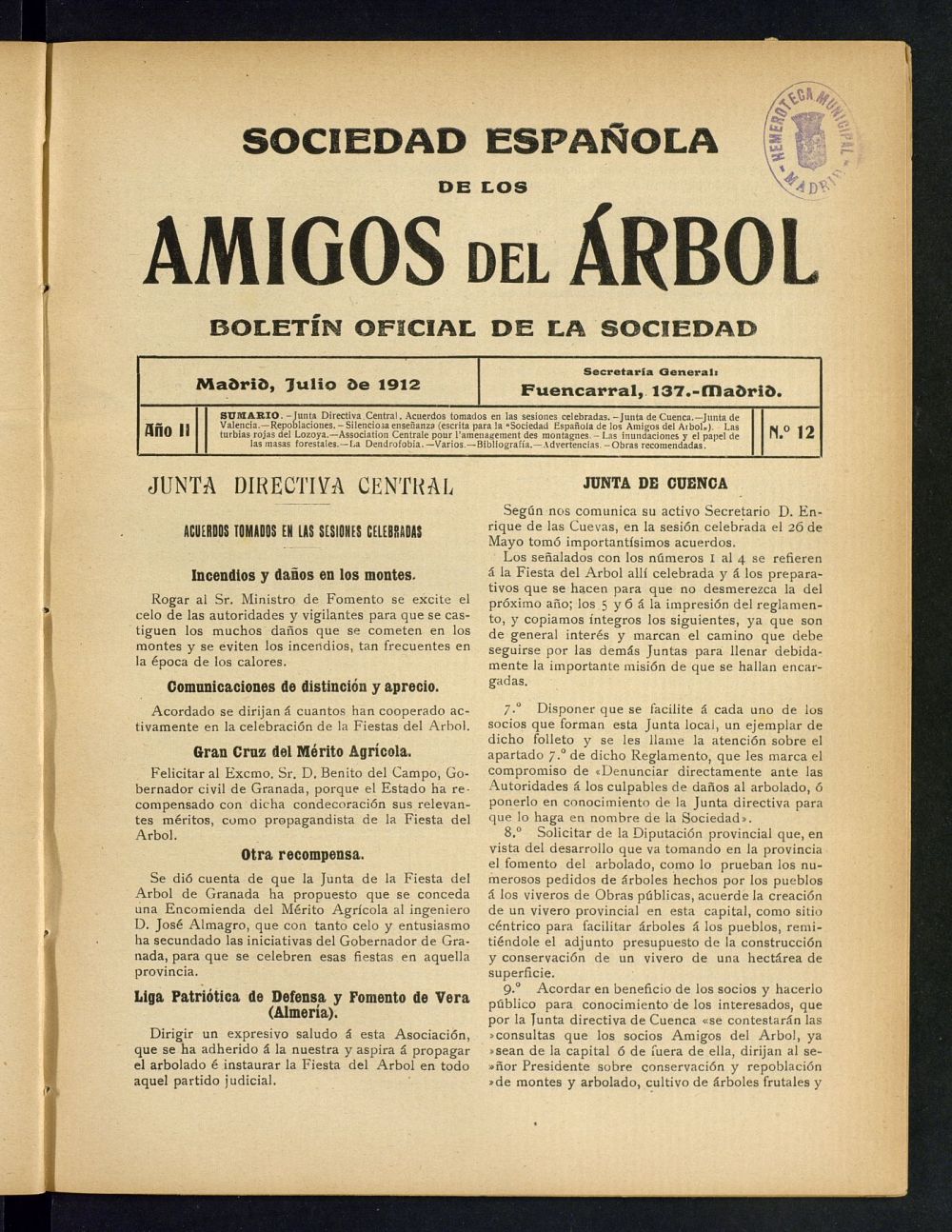 Boletn Comisin organizadora de la Sociedad Espaola de los amigos del rbol de julio de 1912