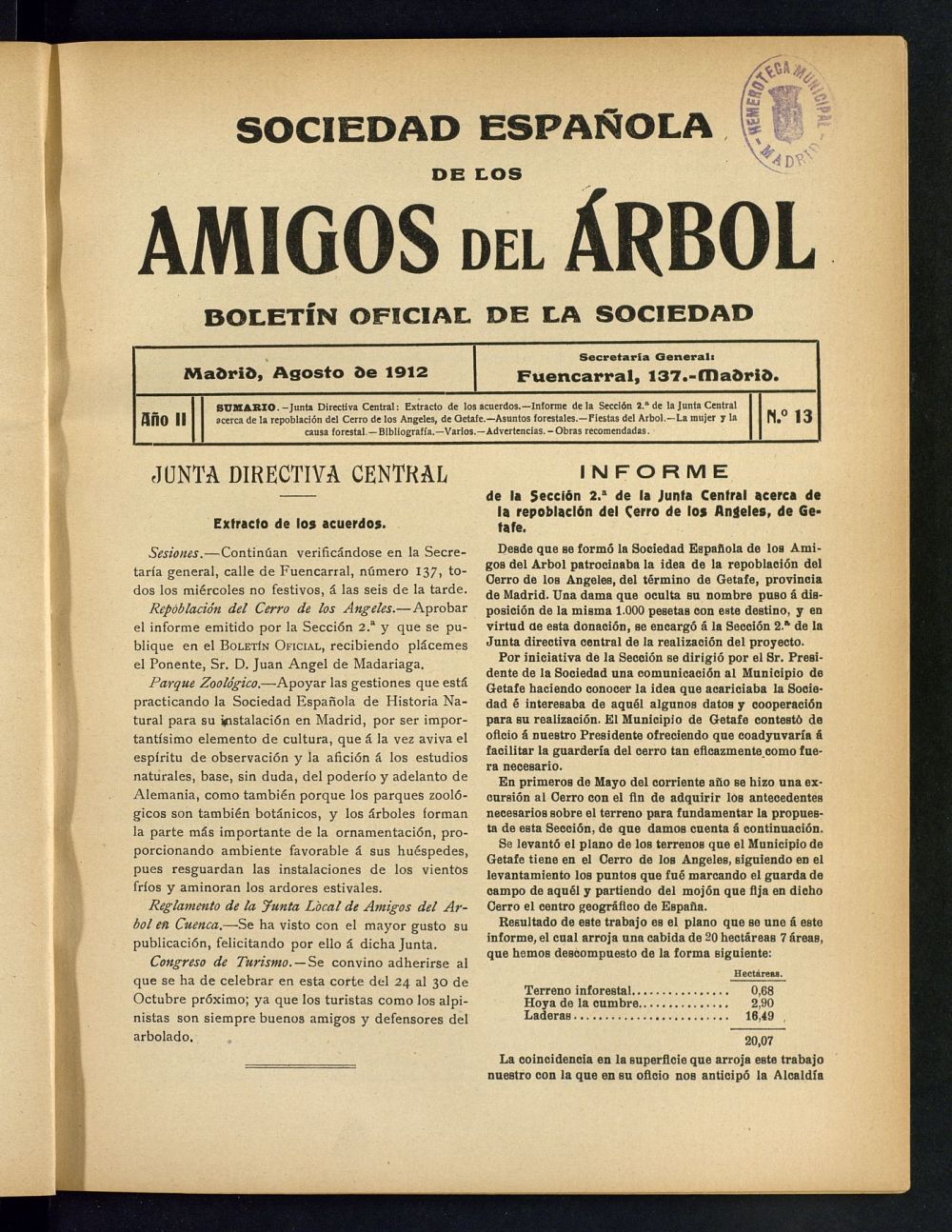 Boletn Comisin organizadora de la Sociedad Espaola de los amigos del rbol de agosto de 1912