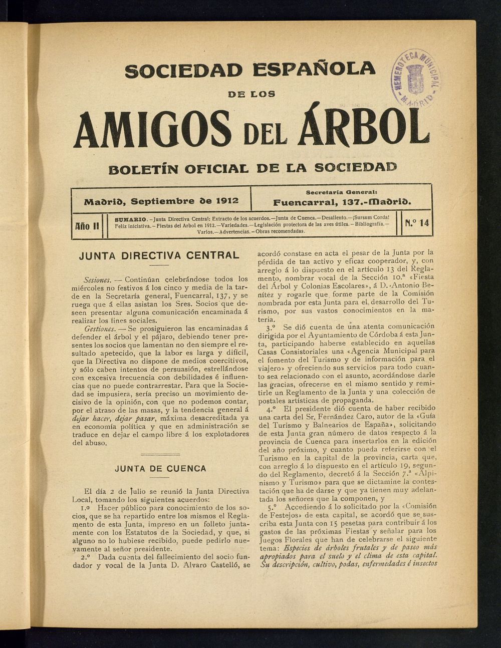 Boletn Comisin organizadora de la Sociedad Espaola de los amigos del rbol de septiembre de 1912