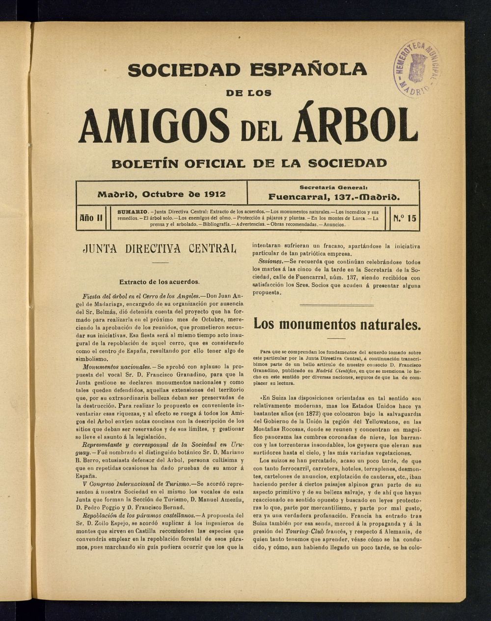Boletn Comisin organizadora de la Sociedad Espaola de los amigos del rbol de octubre de 1912