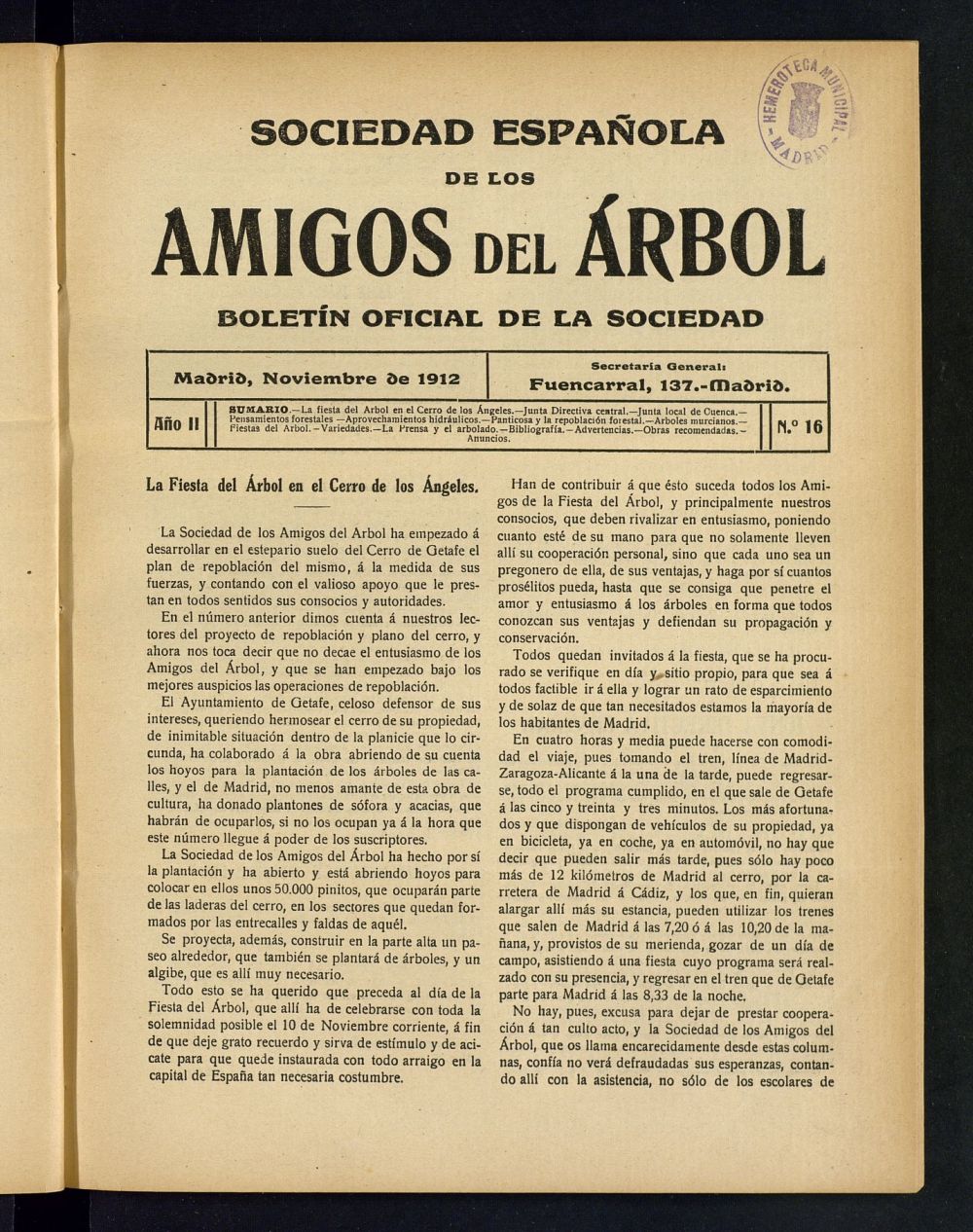 Boletn Comisin organizadora de la Sociedad Espaola de los amigos del rbol de noviembre de 1912