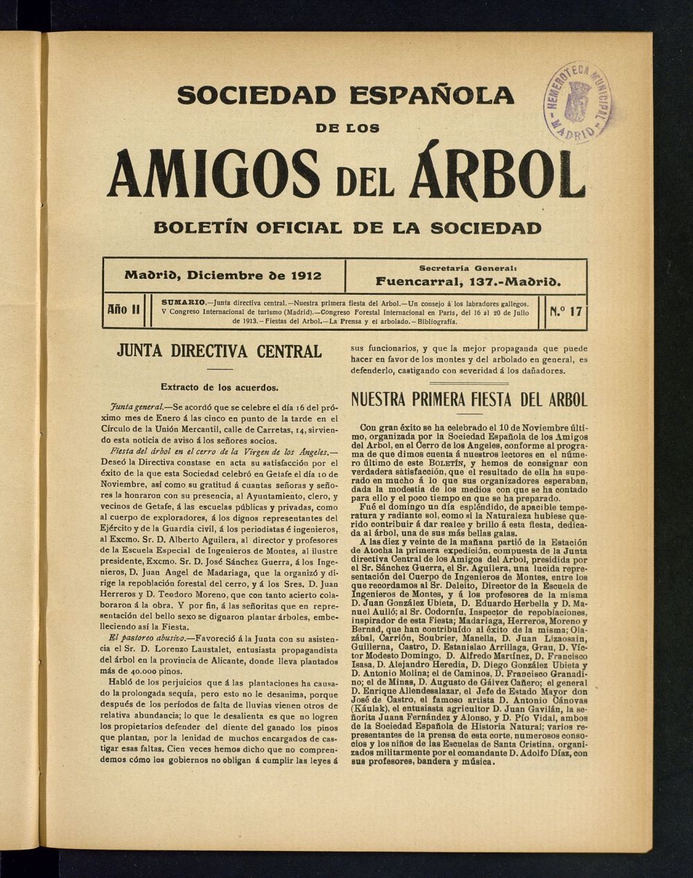 Boletn Comisin organizadora de la Sociedad Espaola de los amigos del rbol de diciembre de 1912