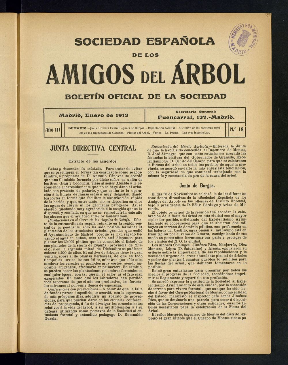 Boletn Comisin organizadora de la Sociedad Espaola de los amigos del rbol de enero de 1913