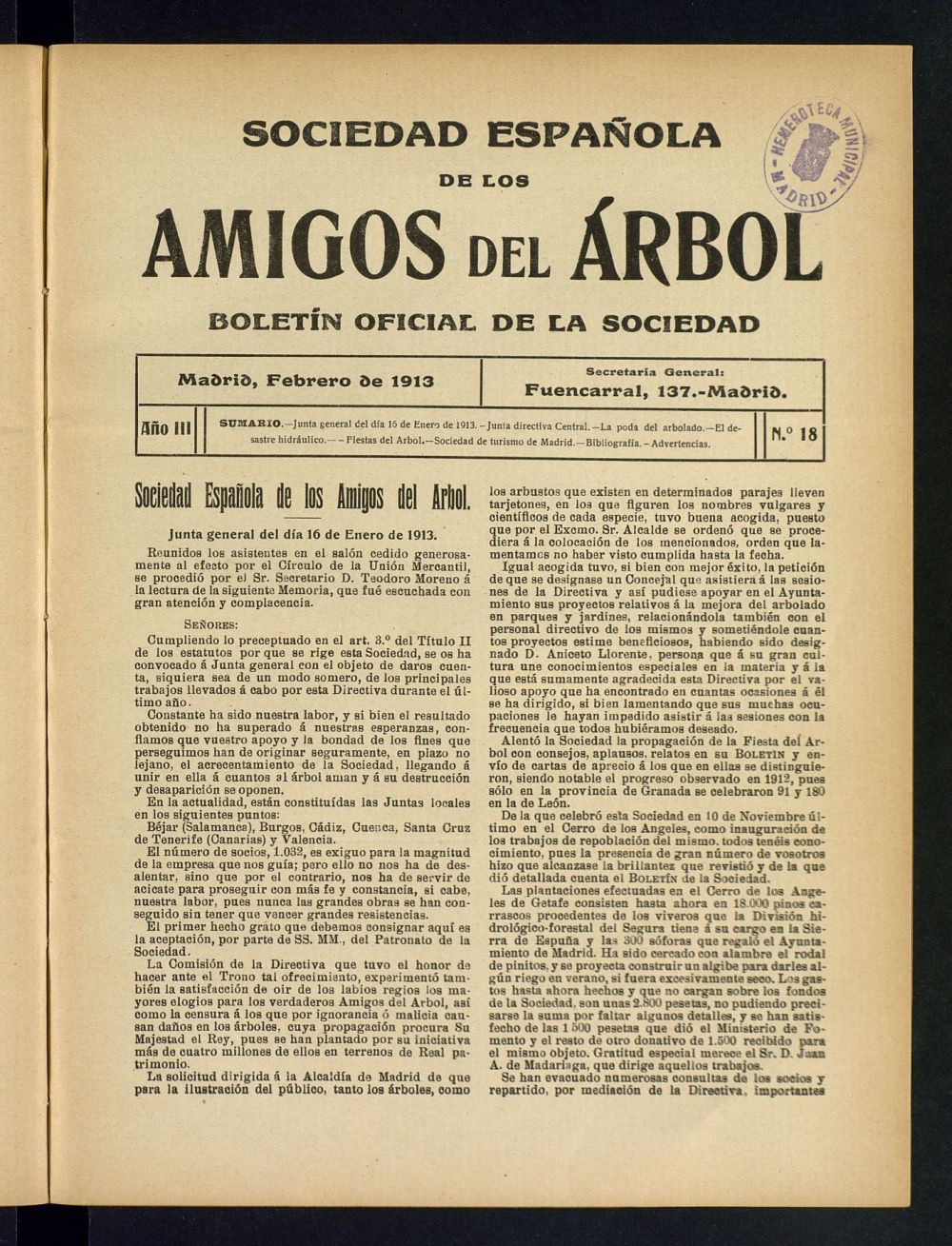 Boletn Comisin organizadora de la Sociedad Espaola de los amigos del rbol de febrero de 1913