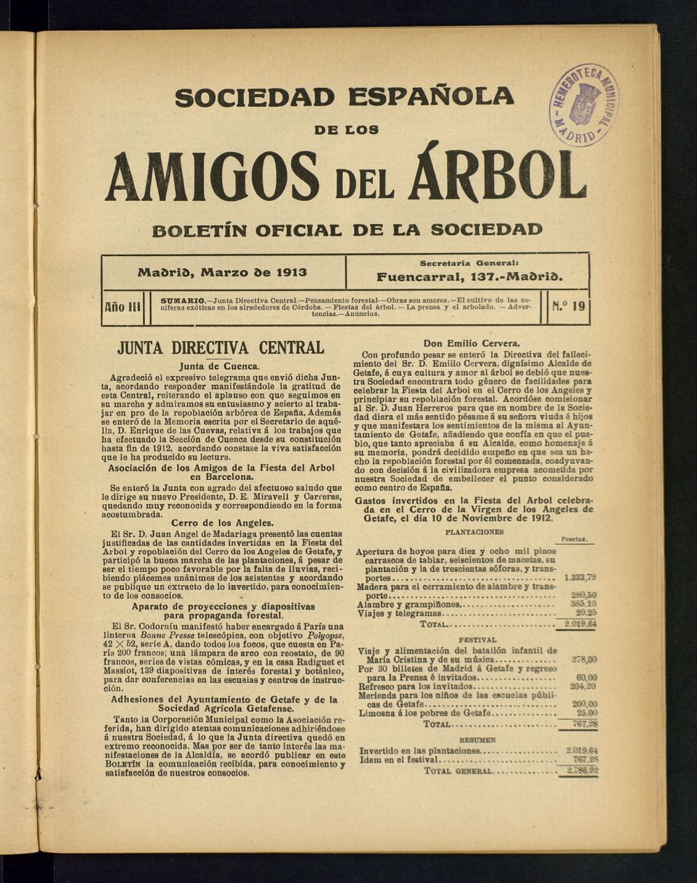 Boletn Comisin organizadora de la Sociedad Espaola de los amigos del rbol de marzo de 1913