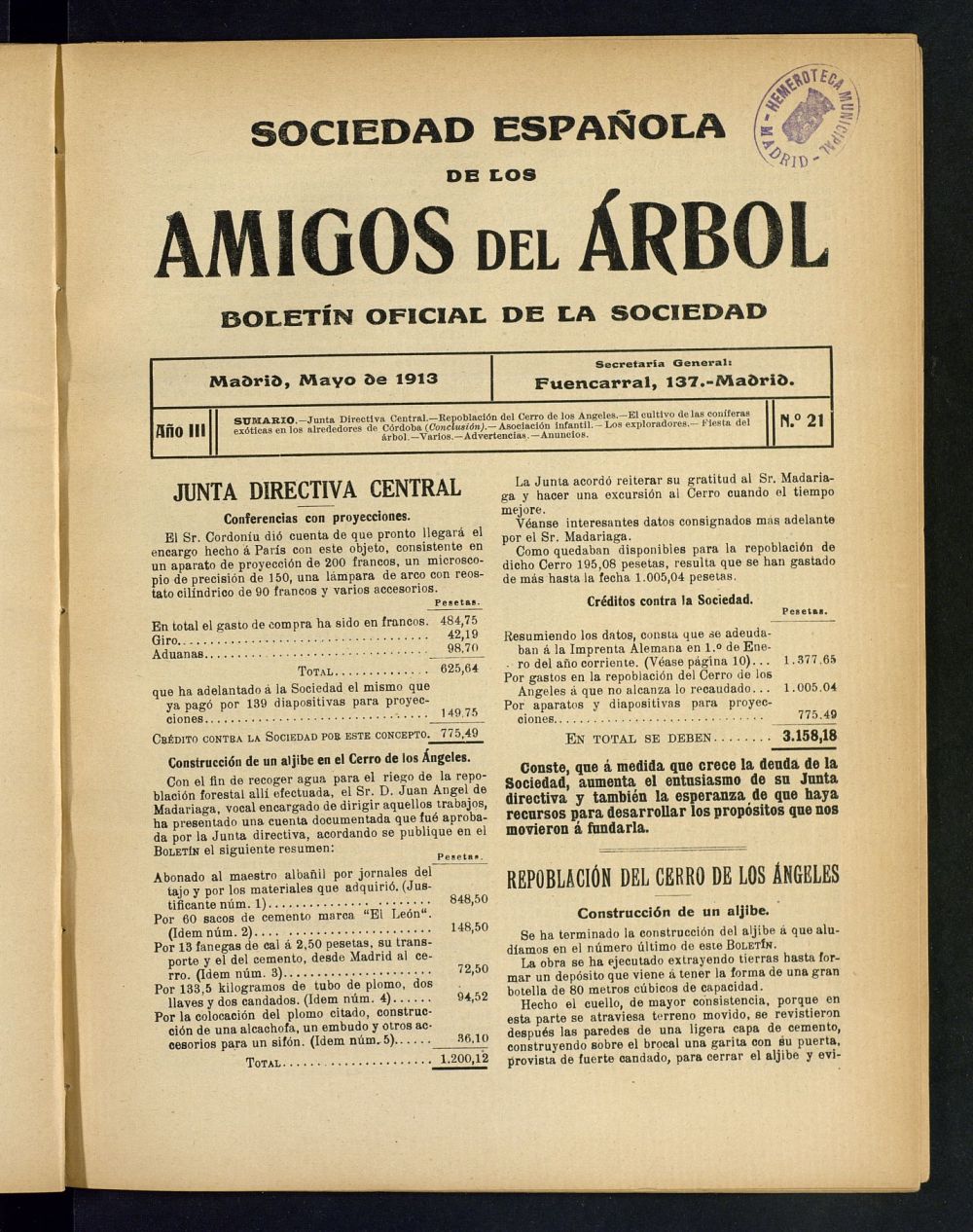 Boletn Comisin organizadora de la Sociedad Espaola de los amigos del rbol de mayo de 1913