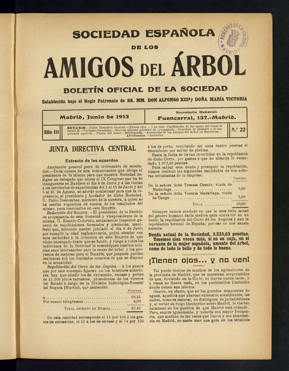 Boletn Comisin organizadora de la Sociedad Espaola de los amigos del rbol de junio de 1913