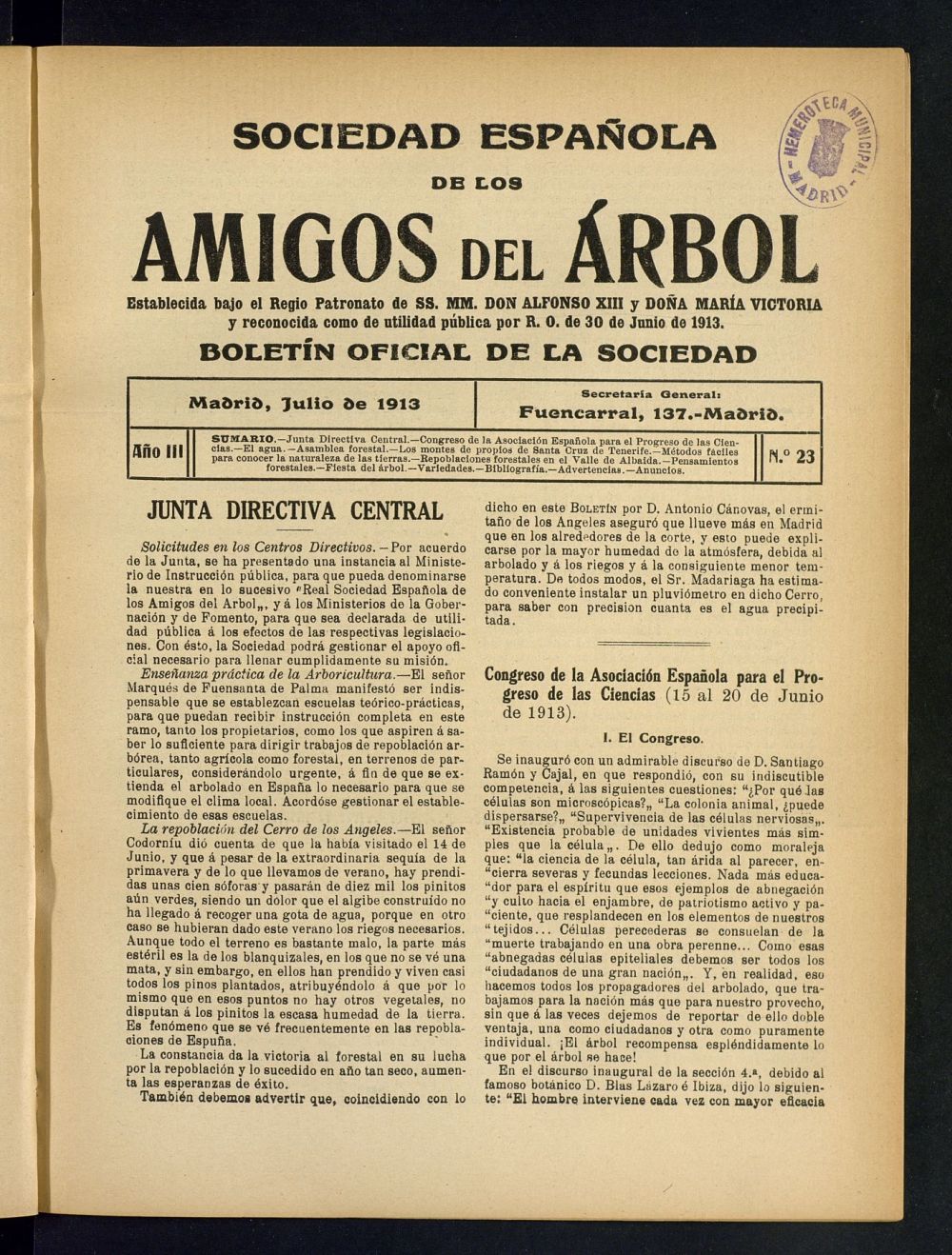 Boletn Comisin organizadora de la Sociedad Espaola de los amigos del rbol de julio de 1913