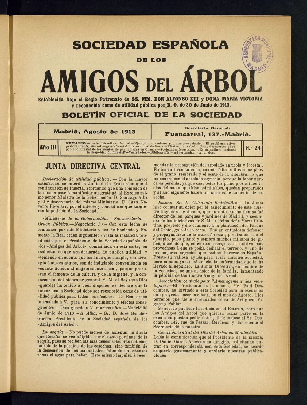 Boletn Comisin organizadora de la Sociedad Espaola de los amigos del rbol de agosto de 1913