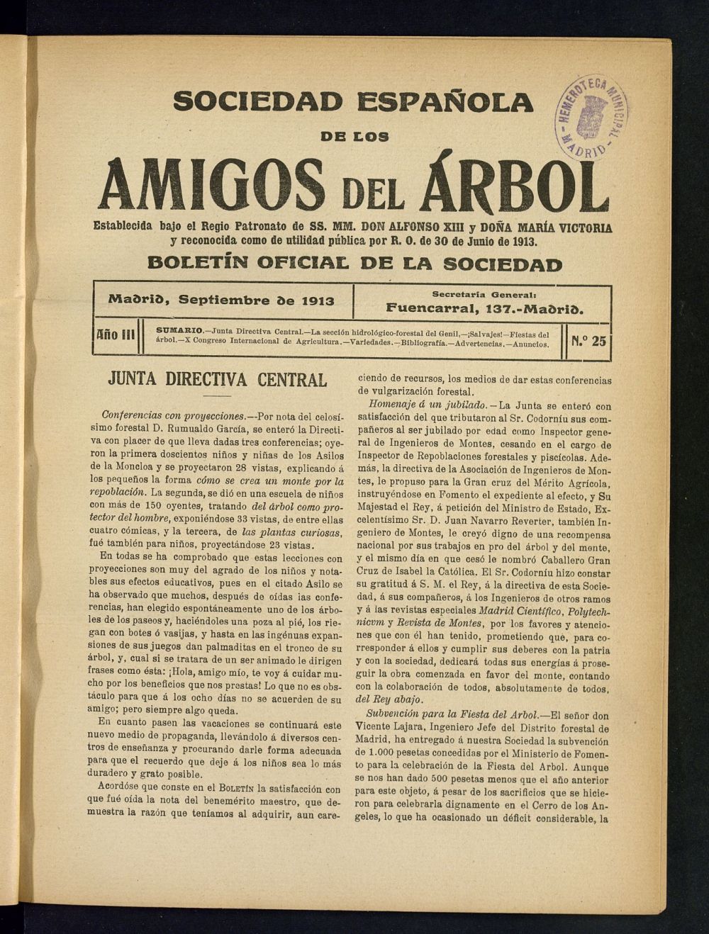 Boletn Comisin organizadora de la Sociedad Espaola de los amigos del rbol de septiembre de 1913