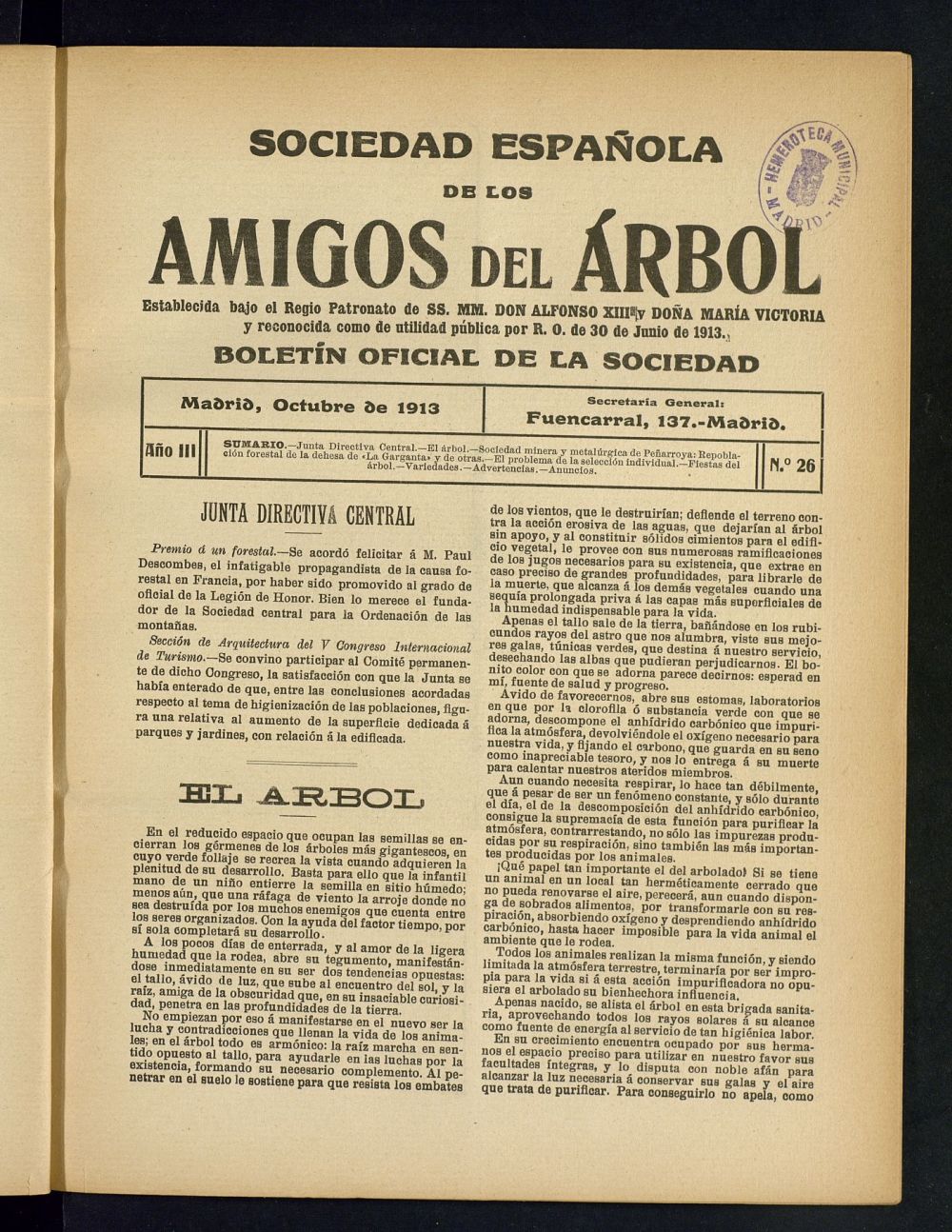 Boletn Comisin organizadora de la Sociedad Espaola de los amigos del rbol de octubre de 1913