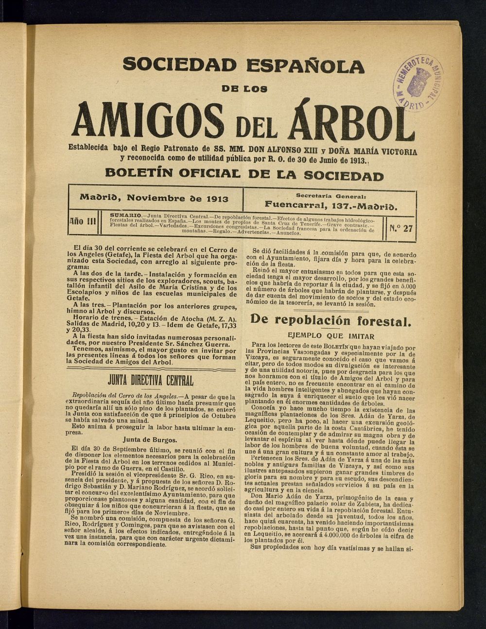 Boletn Comisin organizadora de la Sociedad Espaola de los amigos del rbol de noviembre de 1913